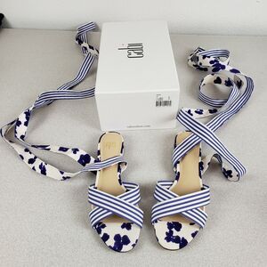 Cabi Womens 6013 Blue White Floral Wrap‎ Tie Comfort Strappy Sandals Size 8 M
